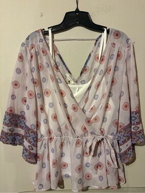 Maurices Lavender Boho Wrap Blouse with Orange & Blue Medallions